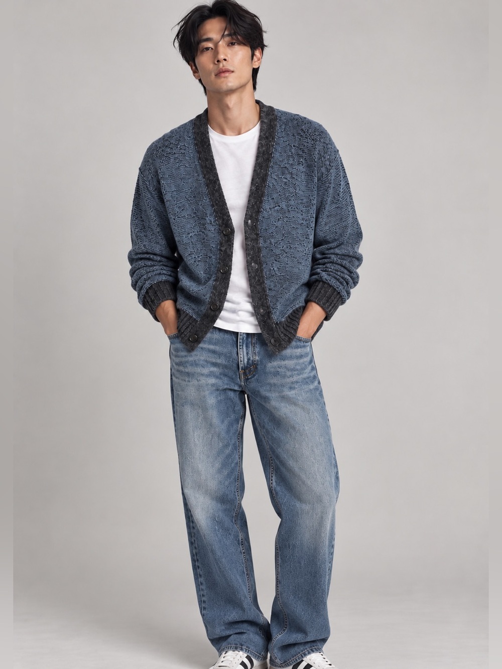 COS Men’s Grandpa Wool Blend Blue and Gray Open Cardigan with Dark Trim Sz XXL